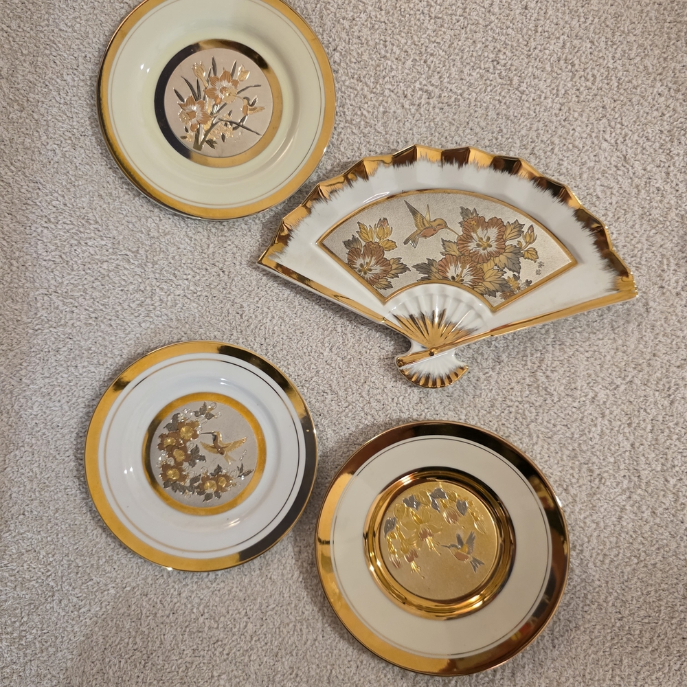 Vintage Japanese Art of Chokin decorative plates and one fan-shaped dish